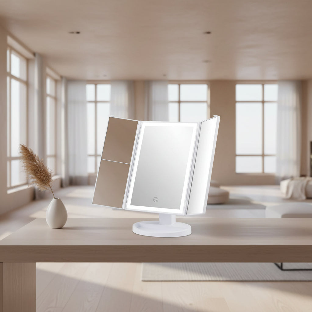 Vanity Makeup Mirror - Trifold Table Mirror with 32 LED Lights & 3X/2X/1X Magnification, Touch Screen, 360° Rotation, Two Power Supply - Gift for Women, White