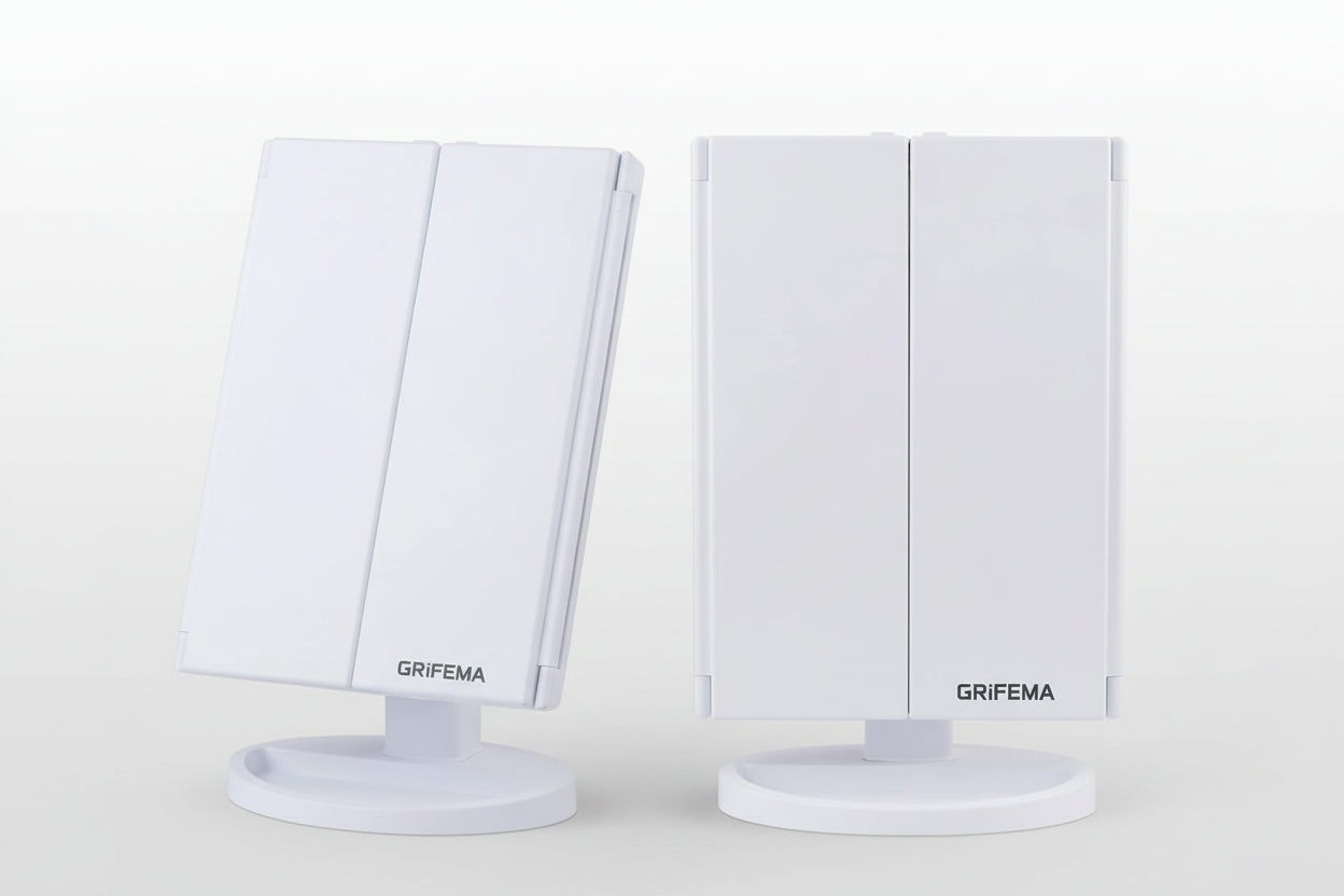 Vanity Makeup Mirror - Trifold Table Mirror with 32 LED Lights & 3X/2X/1X Magnification, Touch Screen, 360° Rotation, Two Power Supply - Gift for Women, White