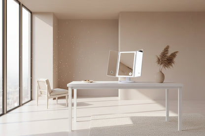 Vanity Makeup Mirror - Trifold Table Mirror with 32 LED Lights & 3X/2X/1X Magnification, Touch Screen, 360° Rotation, Two Power Supply - Gift for Women, White